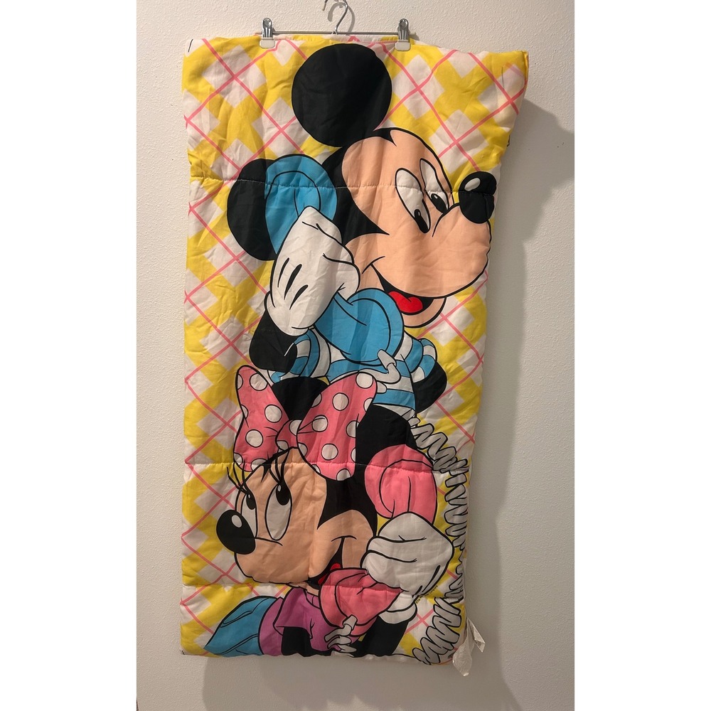Vintage 1980s Disney Mickey Minnie Mouse Sleeping Bag Yellow Plaid